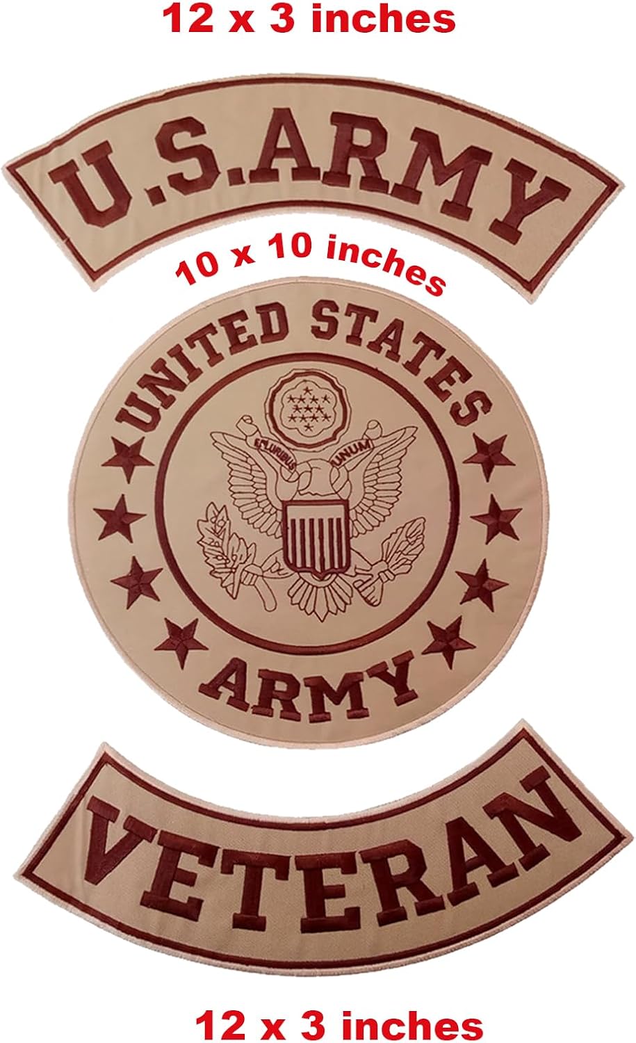 U.S Army Veteran Patch Set - 3 Pieces - Embroidered - Iron On or Sew On Jacket or Vest (Beige), Large