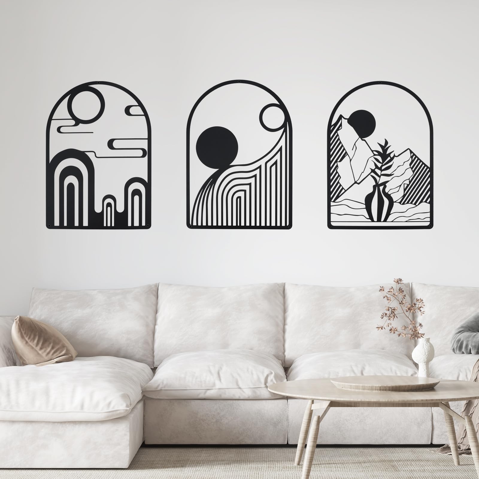 3 piezas de decoración de pared de metal negro, arte de pared abstracto bohemio, decoración de pared minimalista, línea bohemia, esculturas de pared con textura para casa, dormitorio, sala de estar