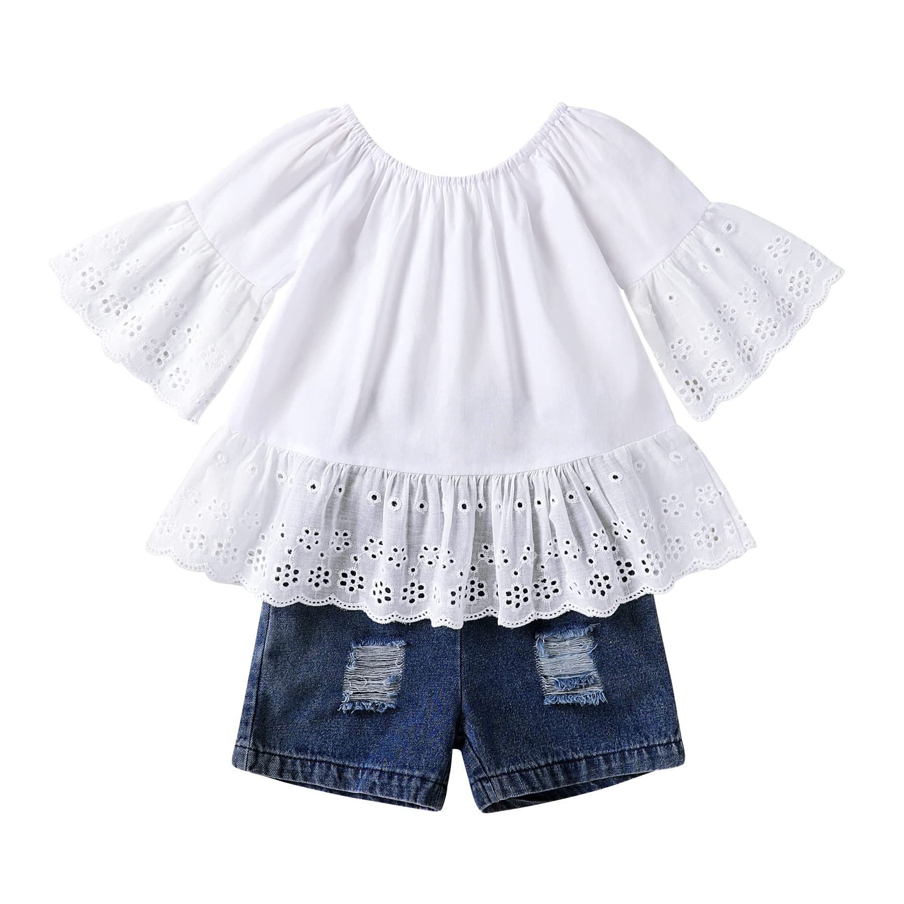 YOUNGER TREE Toddler Girl Clothes off Shoulder Lace Top and Jeans Short
