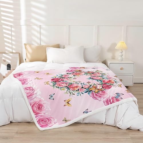 Vista 2 de Manfei Manta de vellón con estampado de mariposas y flores, diseño romántico de corazón para cama, sofá, decoración de habitación de niños y niñas