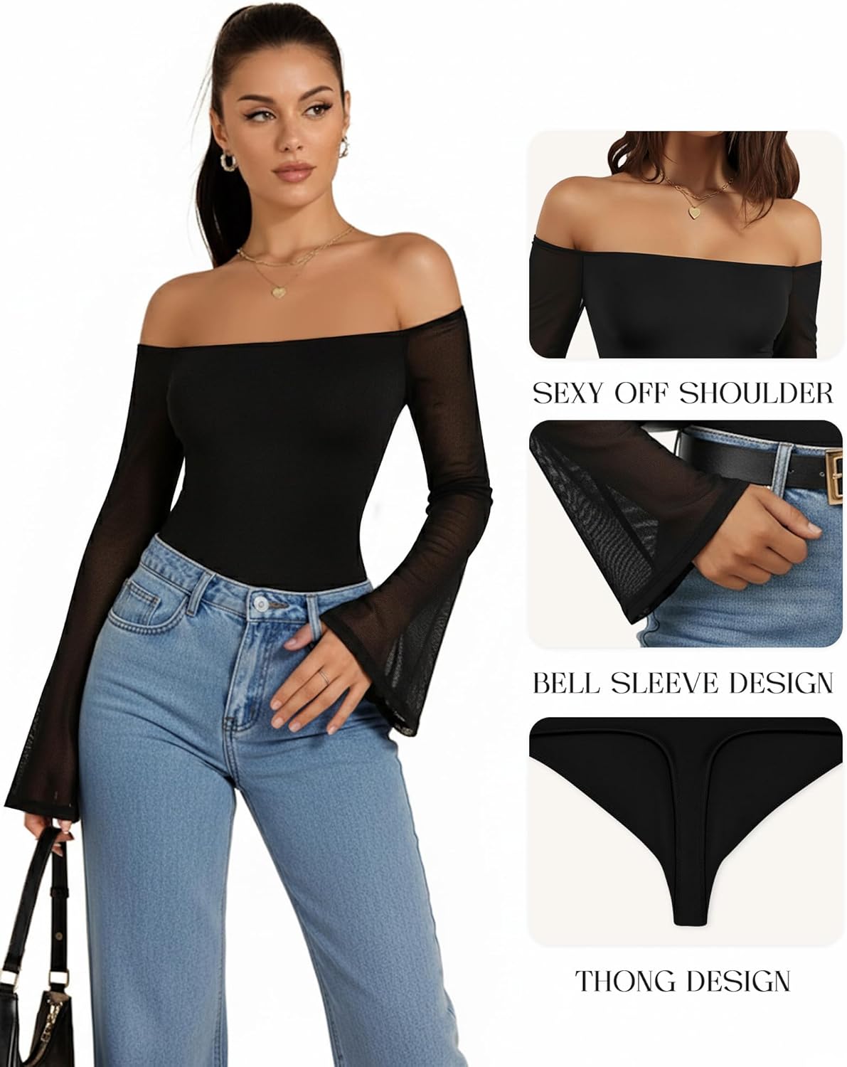 MANGOPOP Women's Off The Shoulder Double Lined Bodysuit Mesh Bell Sleeve Body Suits Sexy Going Out Fall Backless Tops 2025 - Image 4