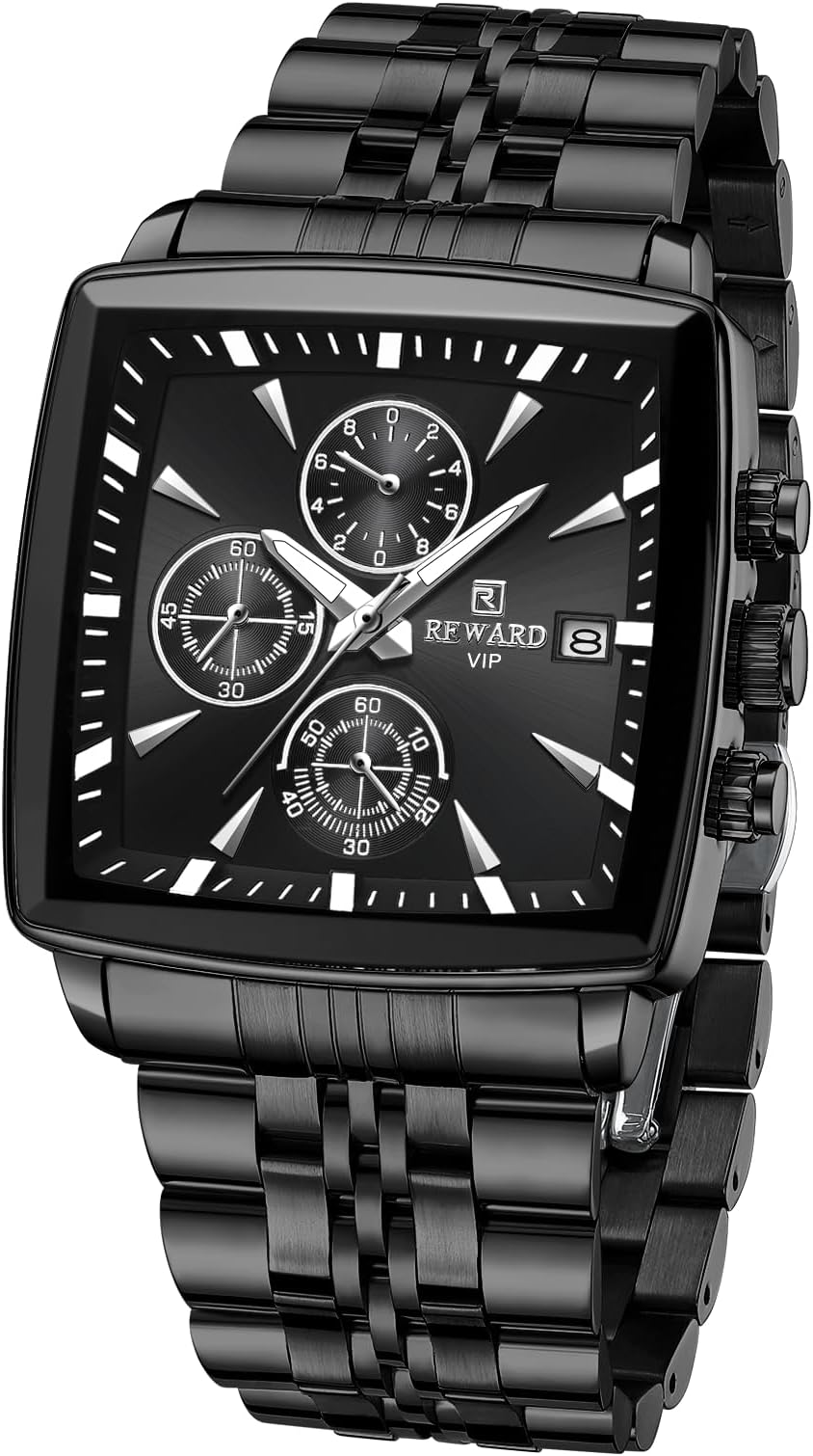 REWARD Square Mens Wrist Watches, Luxury Fashion Analog Quartz Watch, Classic Big Face Chronograph Waterproof Luminous Date Stainless Business Watches for Men Black/Silver/Blue Dial