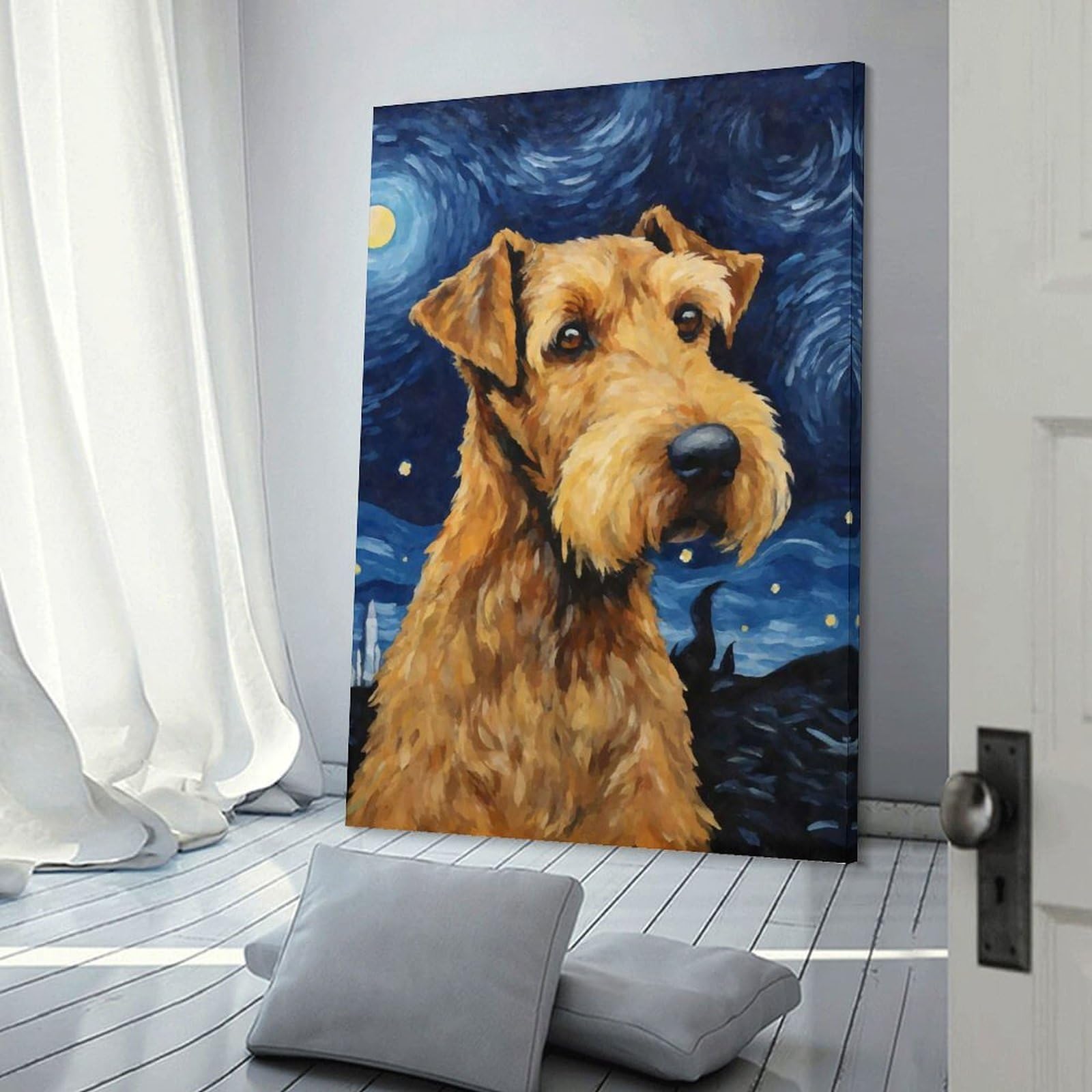Junmoney Frame-Style-6 Airedale Terrier Night Hanging Wall Art, 24X36inch(60X90cm), For Bedroom Decor, Cosy Corners Or Studios, An Easy Wall Refresh For Bedrooms