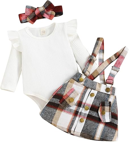 KAGAYD Conjunto de ropa de otoño e invierno para bebé niña, mameluco acanalado de manga larga con estampado a cuadros, faldas con tirantes