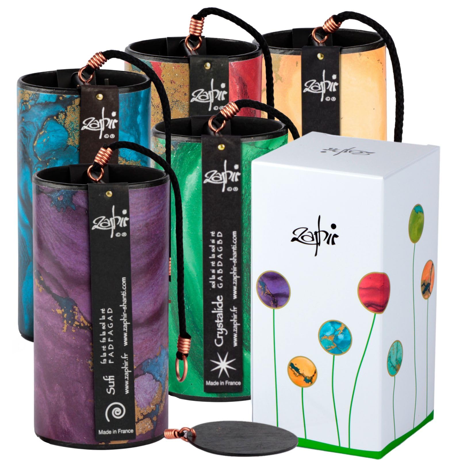 Zaphir Klangspiel 5er Set mit Geschenkverpackung | Freie Auswahl | Windspiel Geschenk | Chimes für Yoga, Kinder und Meditation in Grün - Crystalide, Sufi, Twilight, Sunnray [5 Stück]