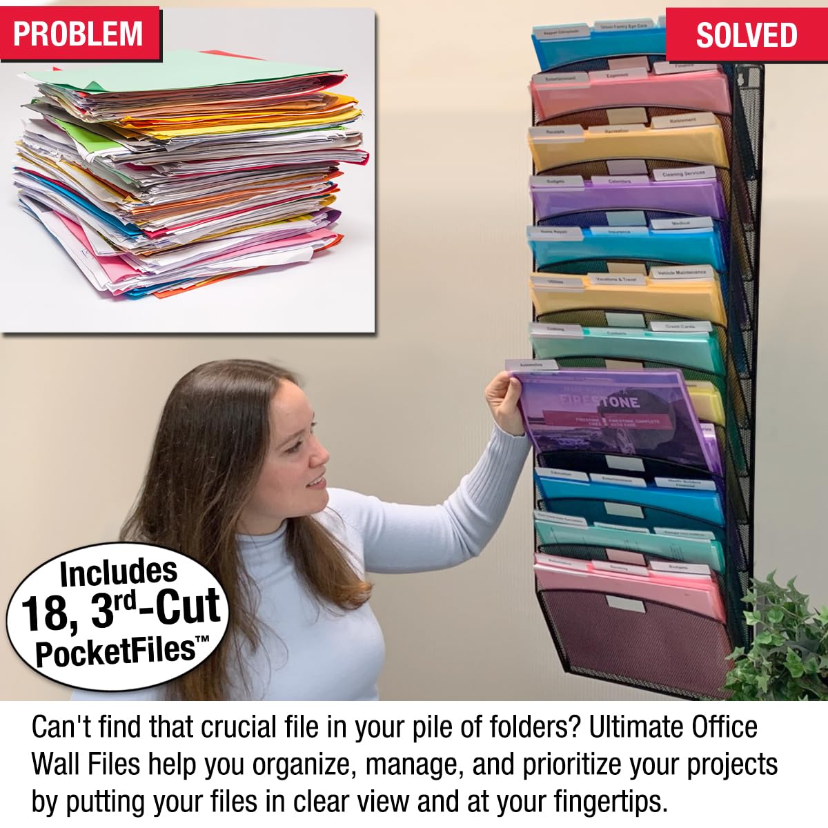Ultimate Office Organizer da parete in rete, 12 ripiani verticali da appendere, espositore multiuso, include 18 tasche trasparenti per documenti e progetti (nero)
