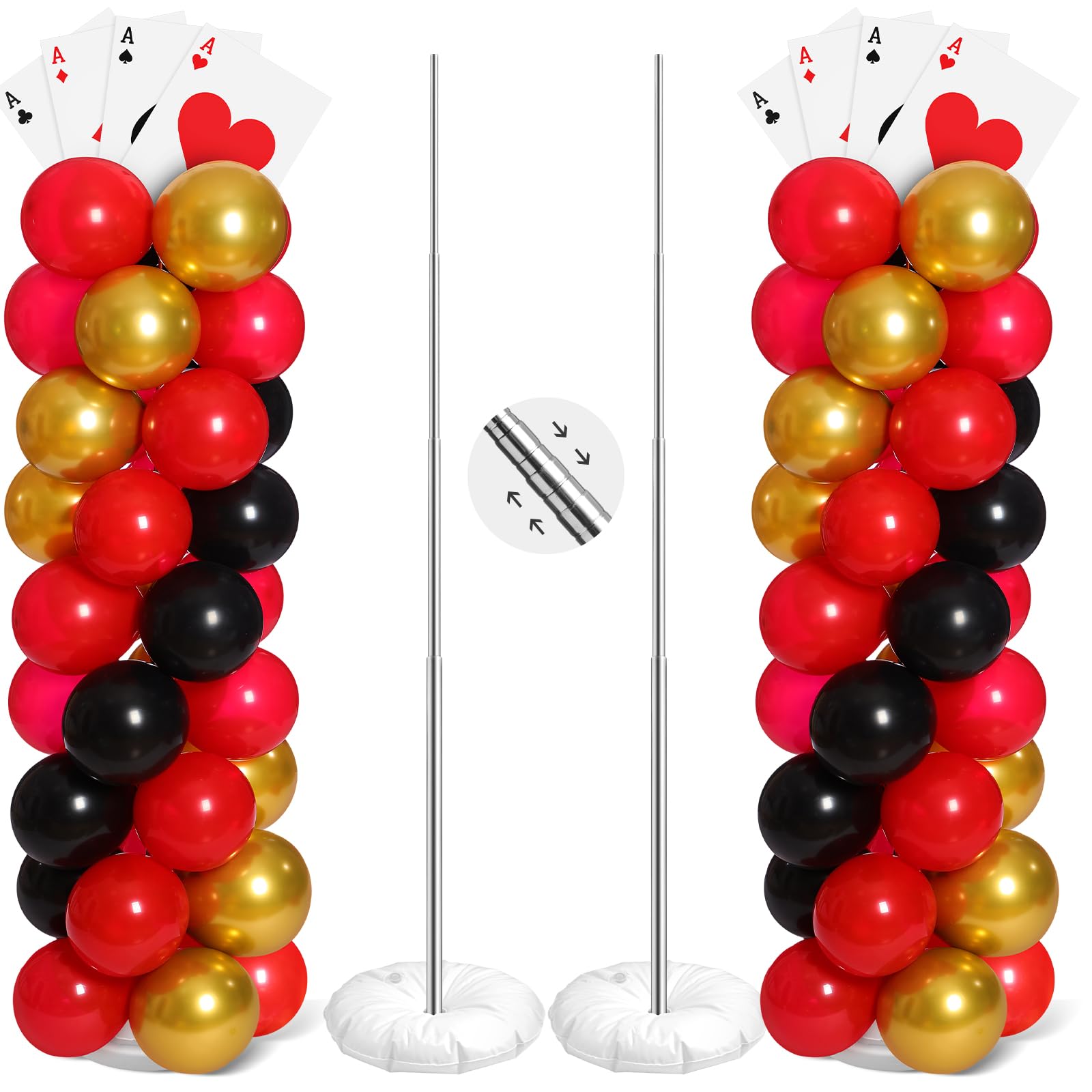 2 Sets Casino Theme Party Decoration Adjustable Poker Themed Balloon Column Stand Kit 8 Pcs Jumbo Poker Cards 129 Pcs Balloon Set for Las Vegas Game