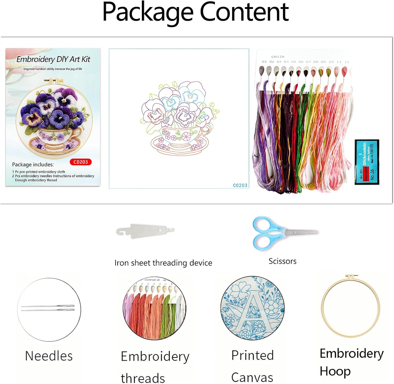 Zhenqing Pansy Embroidery Kit for Beginners, Pre-Printed 29x29cm Cotton Fabric with 20cm Hoop, Elegant Floral Cup Design(C0203) image 4