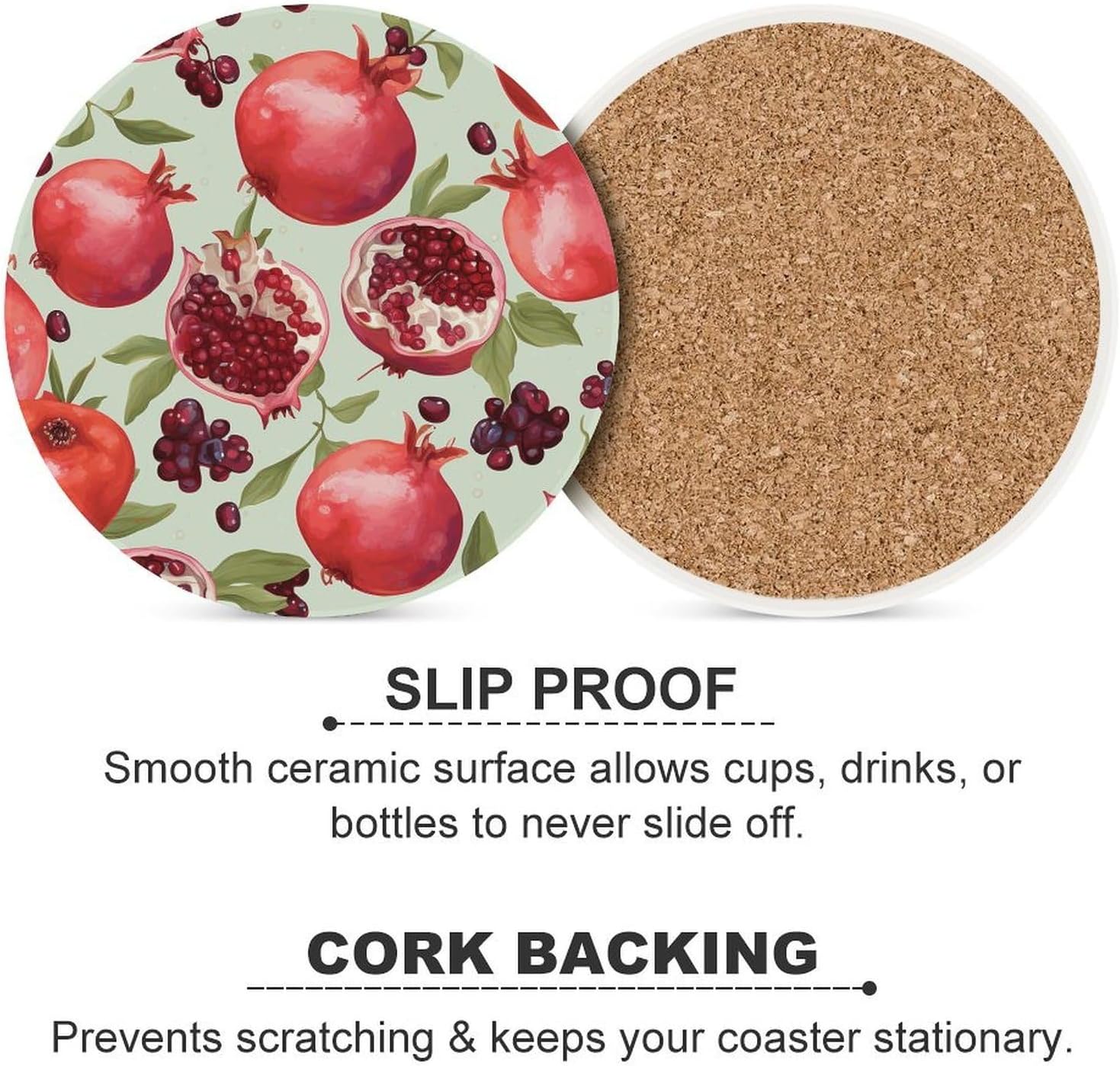 Pomegranate Pattern Coasters Round Coasters Set Ceramic Stone Coaster with Cork Base Coffee Cup Beverage Cup Mat Cute Funny Table Drinks Coaster for Mugs and Cups Office Kitchen