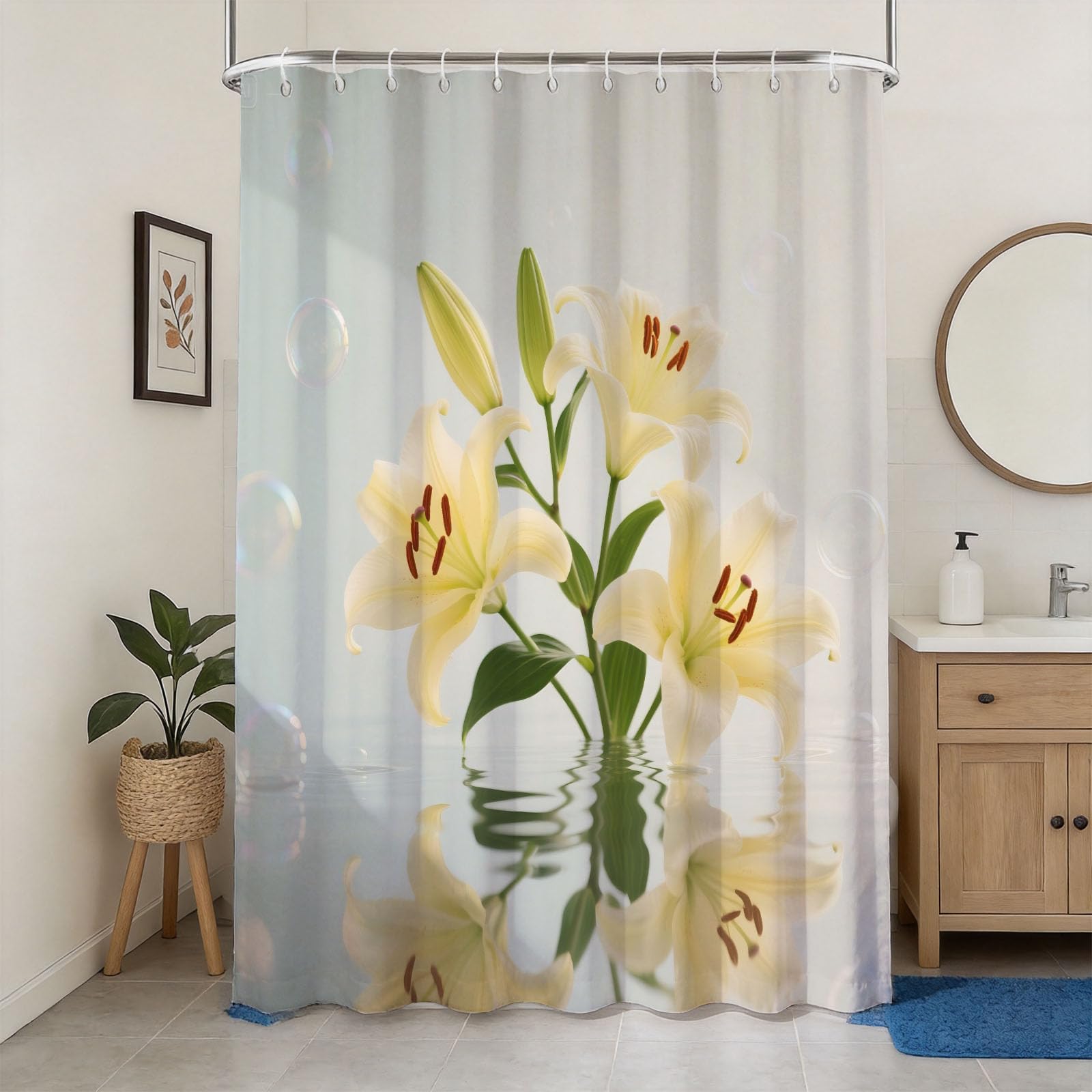 Hongduo 3D Lily Flower Shower Curtain for Stalls Bathtubs Zen Style Bathroom Decor Shower Curtain Set Polyester Fabric Waterproof 180x180cm/71X71 Inch with Hooks