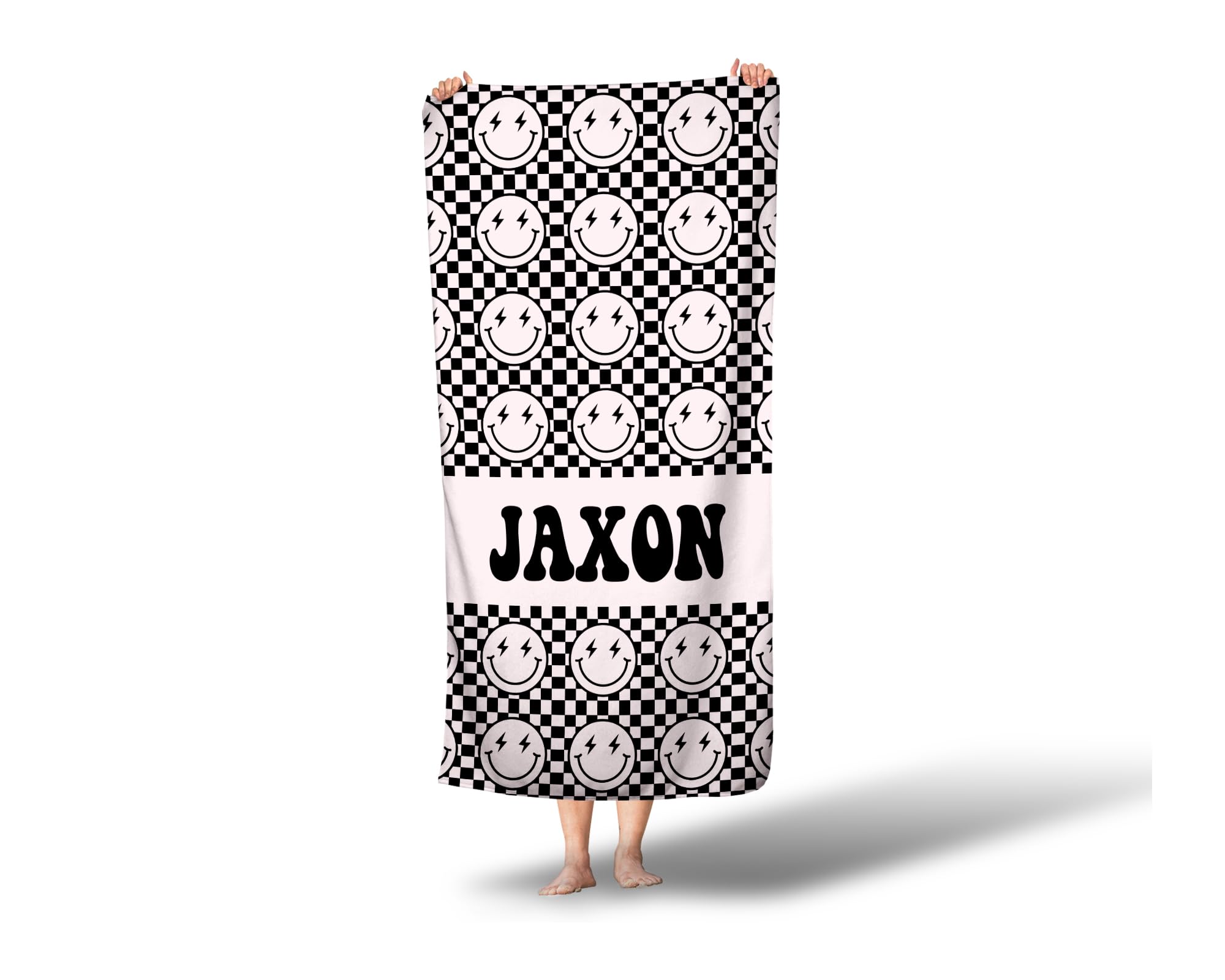 Black Checkered Smiley Face Custom Name Towel Personalized Beach Towel Boys Name Pool Towel
