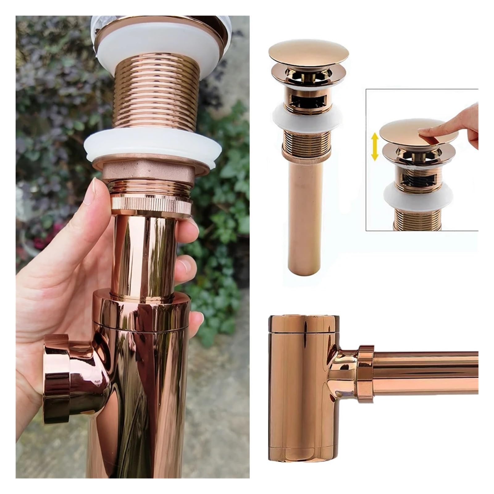 Piège à bouteilles de lavabo en or Rose, 1 pièce, Kits tuyaux Siphon d'évier salle bains, bouchon Pop-Up, raccords vidange toilettes Pour Bain(Rose set overflow)