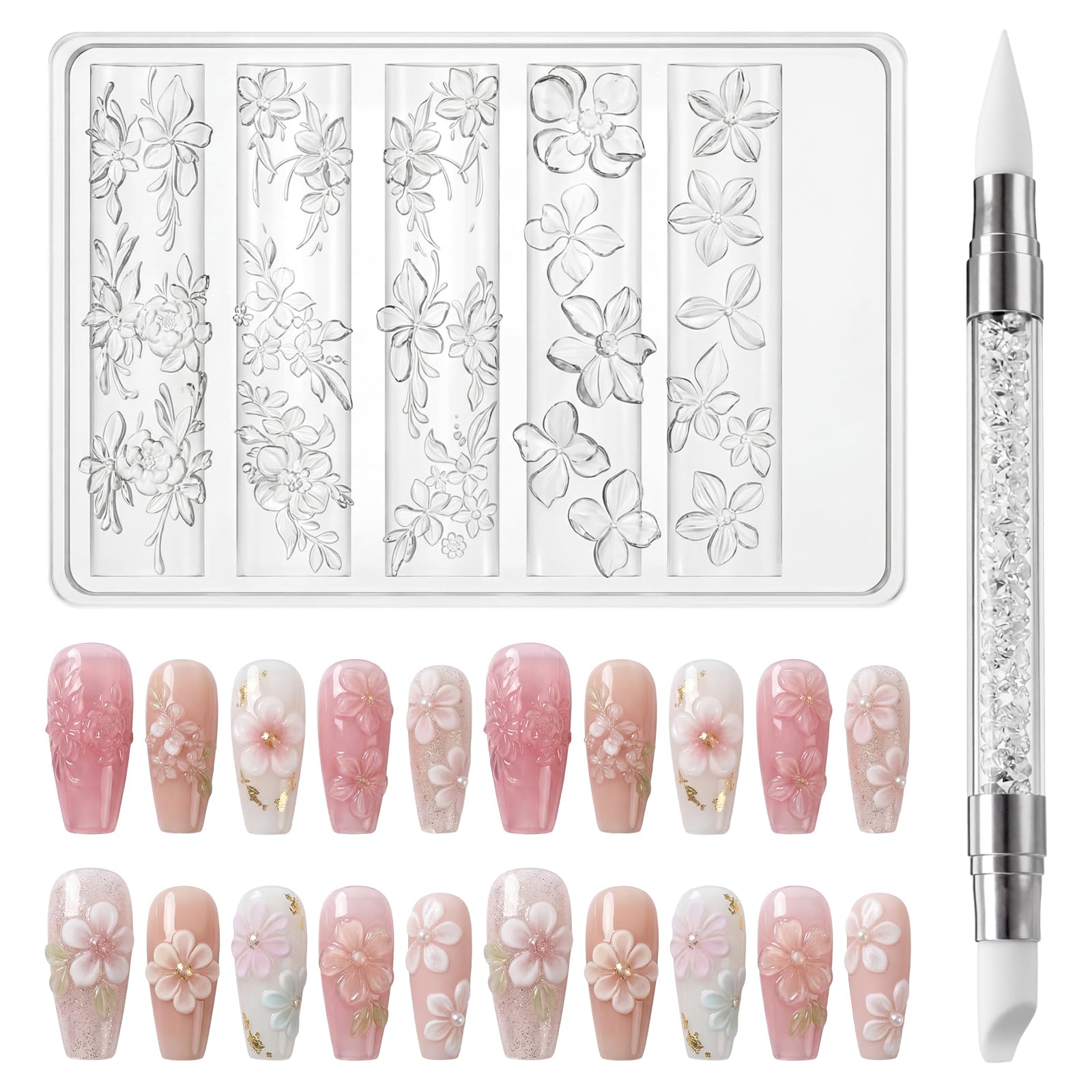 Set de Moldes de Silicona 3D para Diseño de Uñas, Flores y Encajes DIY con Lápiz Aplicador