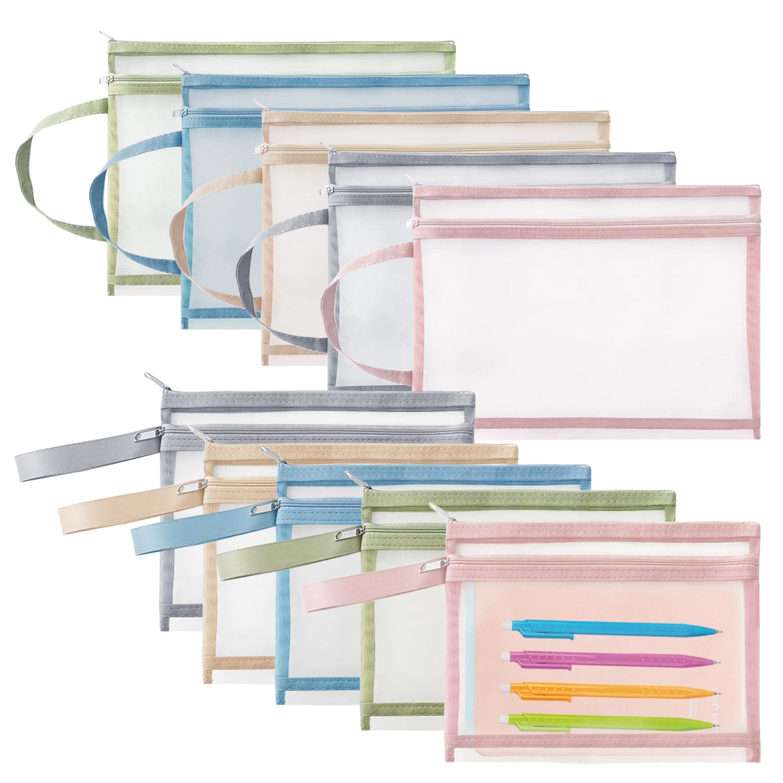 10PCS Colored Mesh Zipper Pouch Bags, 5pcs A4&5pcs A5 Double-Layer Toy Storage Bags with Zipper, Portable Puzzle Building Block Sets Toy Storage Bags for School Office Games