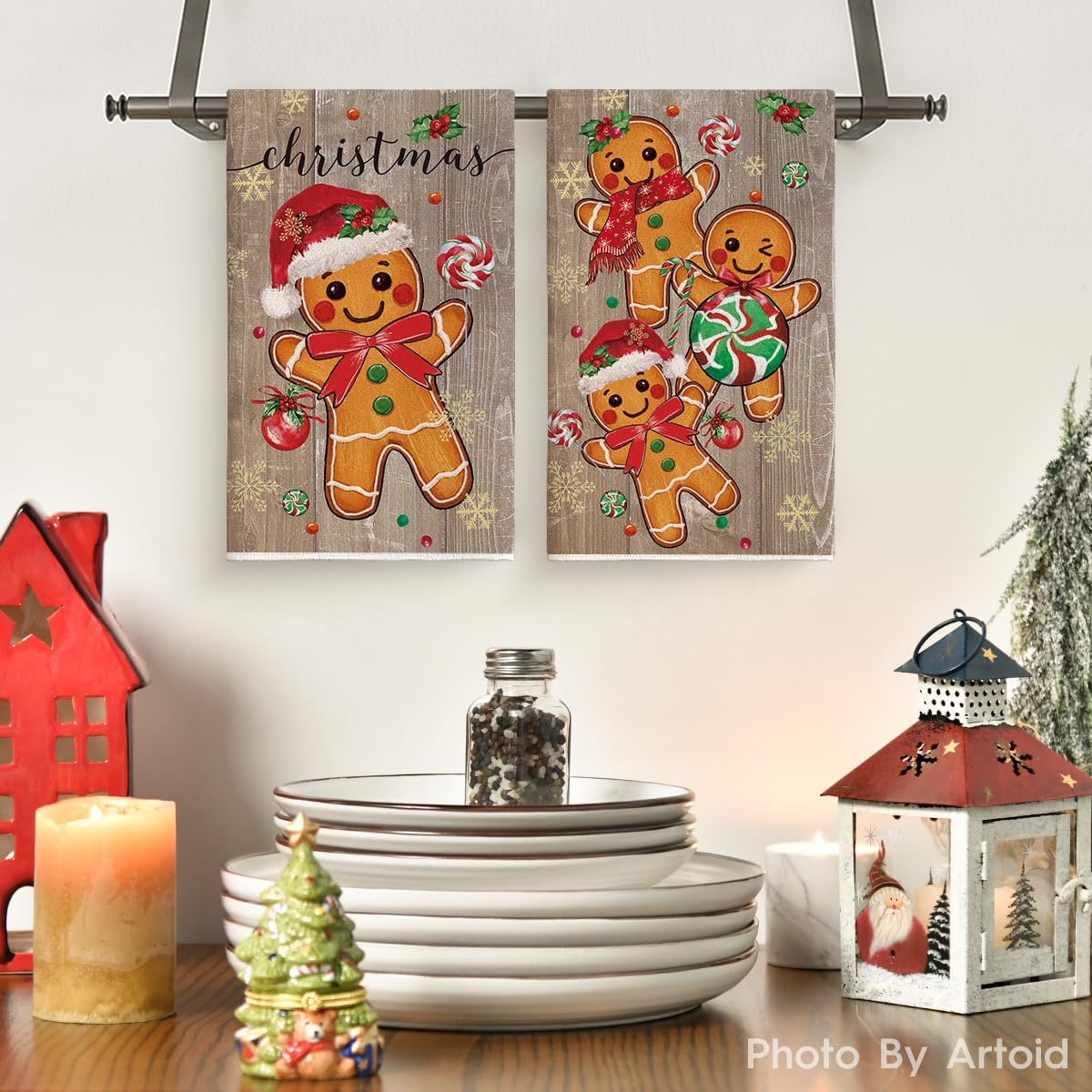 Artoid Mode Wood Gingerbread Candy Christmas Kitchen Towels Dish Towels, 18x26 Inch Farmhouse Holiday Winter Decoration Cleaning Set of 2 - Image 2
