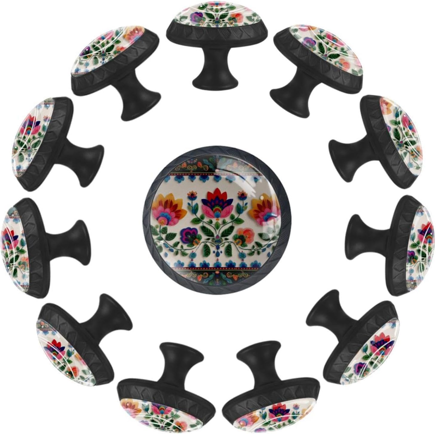 Black Base Motifs African Boho Paisley Floral (7) Drawer Pulls, Printed Cabinet Knobs for Wooden Dresser Wardrobe Closet