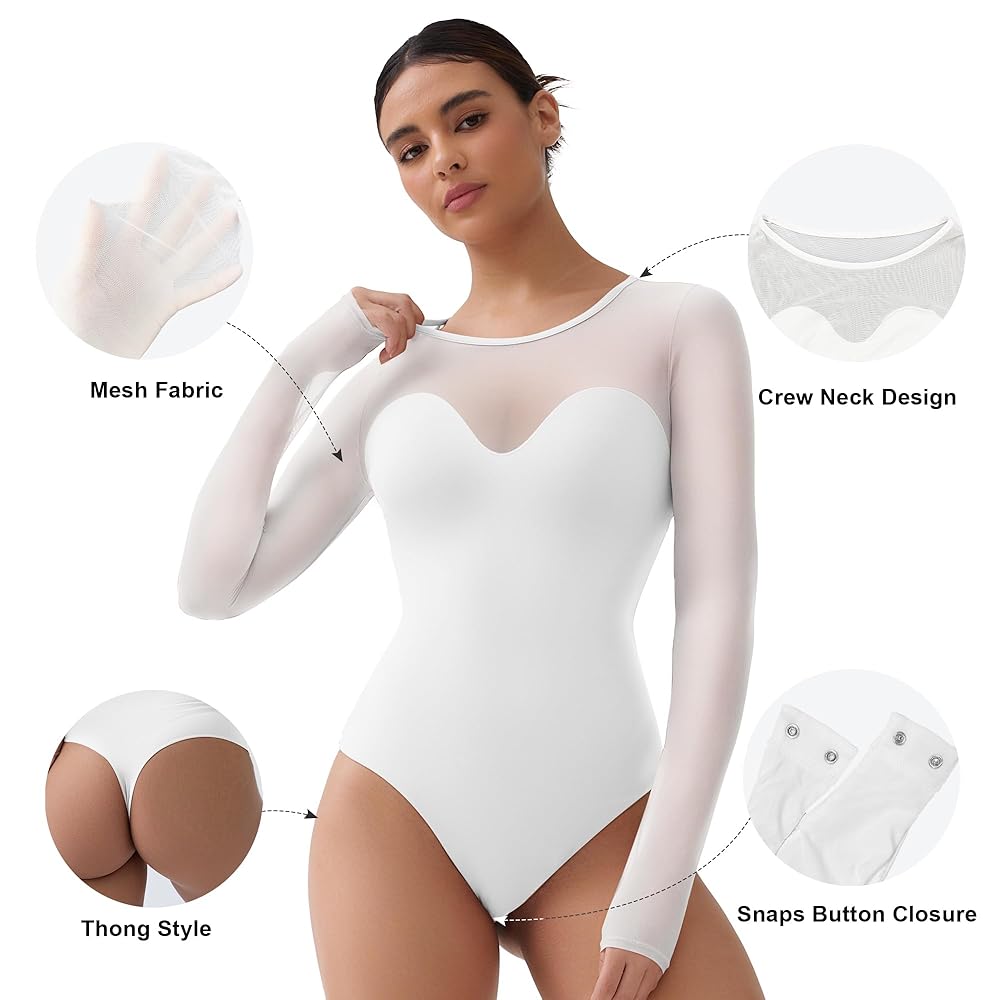 SHAPERX Women's Crew Neck Bodysuit Fit Everybody Long Sleeve