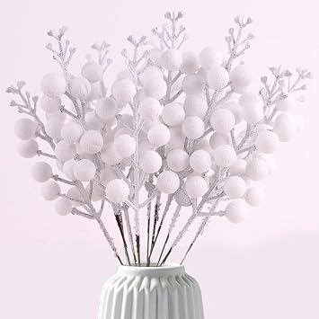 Christmas Glitter Berries Stems 14Pcs 7.8 Inch Christmas White Holly Berry Picks Artificial Winter Faux Berry Stems Picks Branches for Christmas Tree Ornaments DIY Crafts Wreath and Home Decor