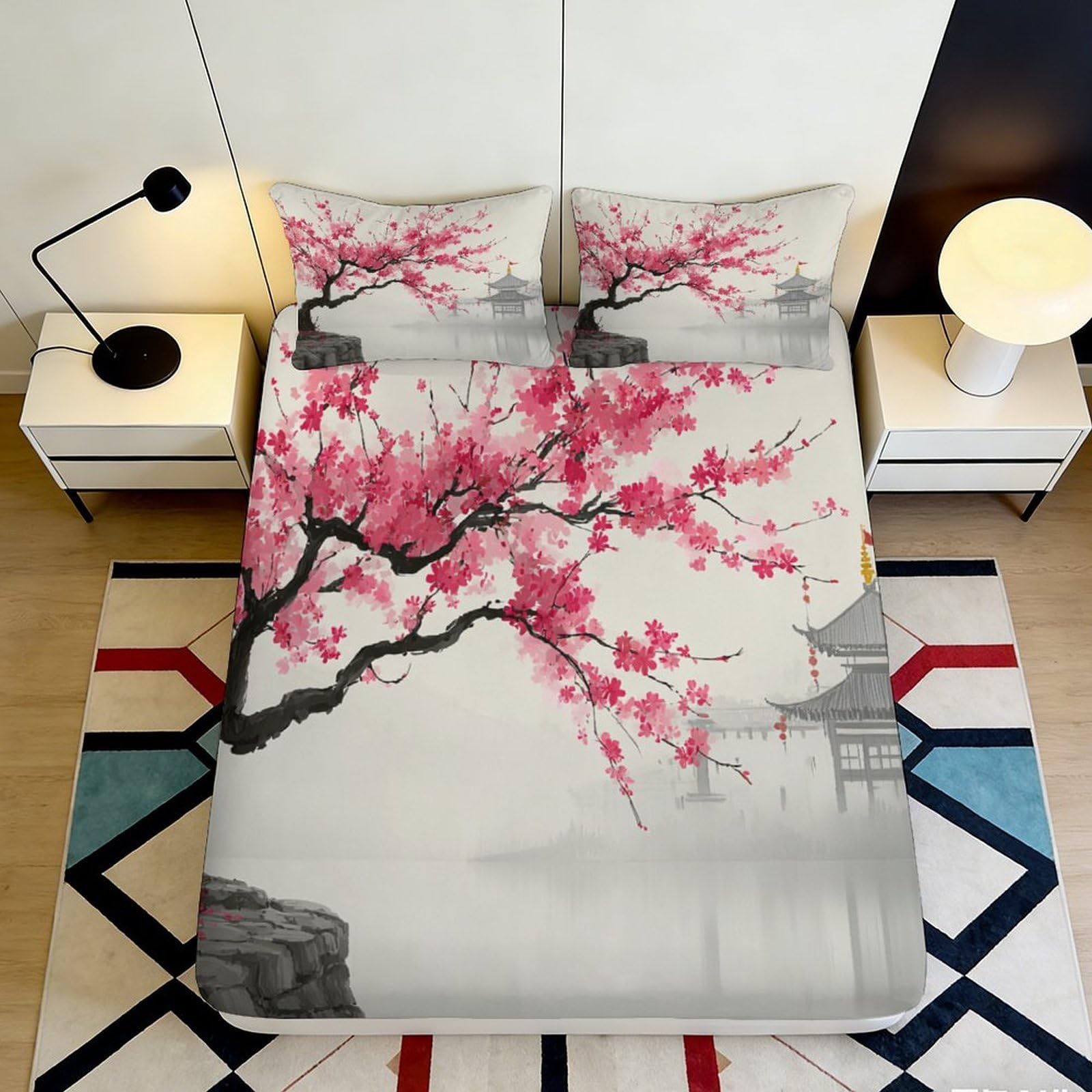 3D Printed Cherry Blossom Fitted Sheet Microfiber Soft Breathable Pagoda Bed Cover for Bedroom Dormitory Guest Room Mattress Protection Decor 120x200x25cm