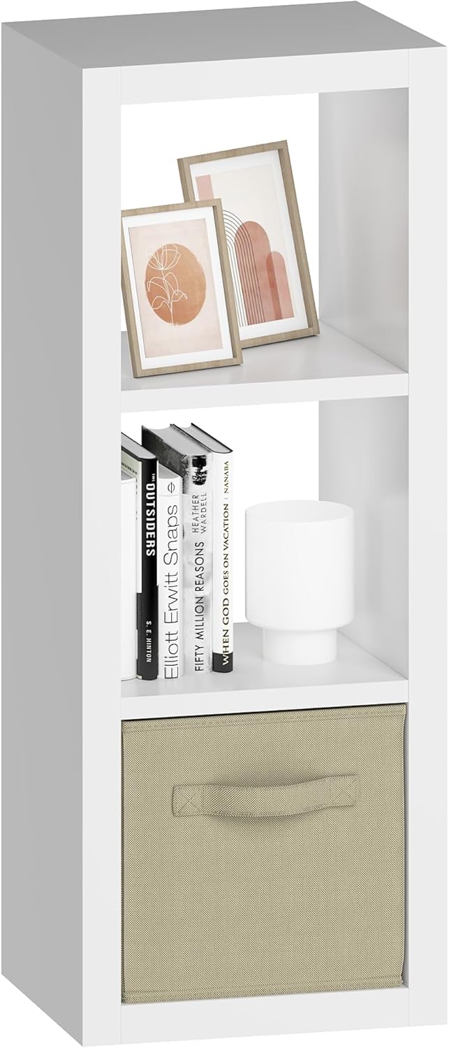 furtble 3 Cube Storage Organizer Shelf with Bins, White 3 Tier Bookcase with Fabric Storage Bins, Morden Bookshelf for Bedroom, Living Room, Closet, Office, 11.5" D x 11.5" W x 37.67" H
