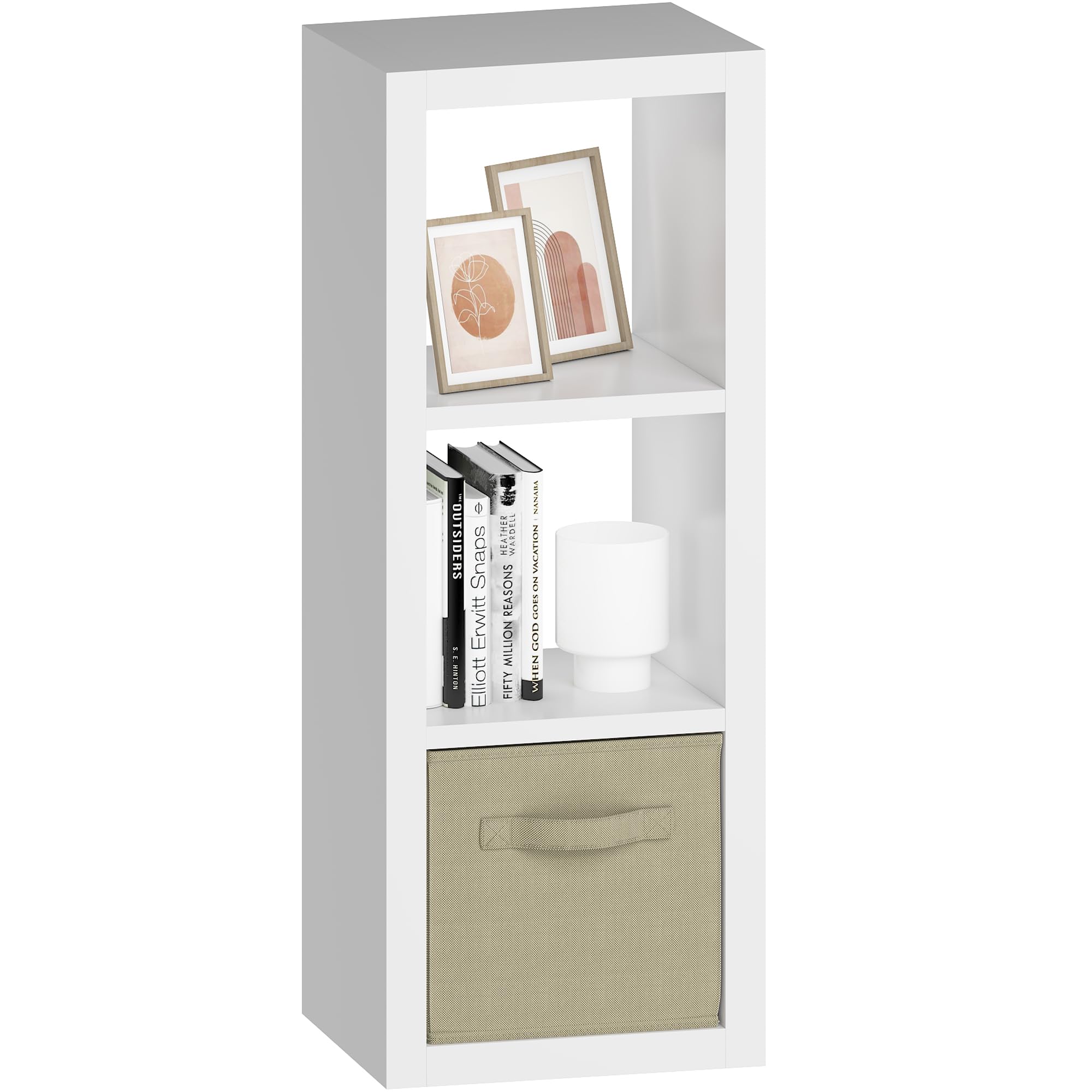 furtble 3 Cube Storage Organizer Shelf with Bins, White 3 Tier Bookcase with Fabric Storage Bins, Morden Bookshelf for Bedroom, Living Room, Closet,