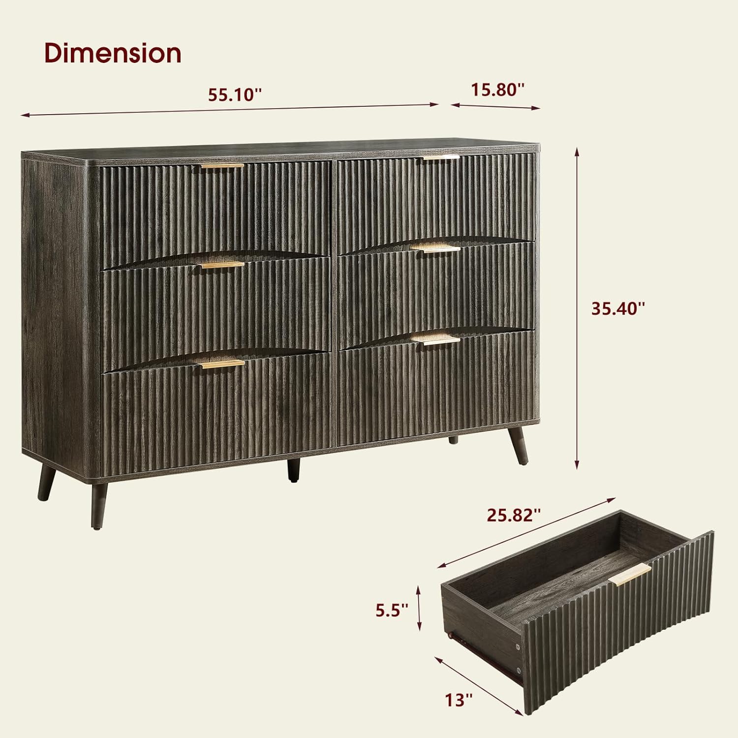 Diagram showing dresser dimensions and anti-tip kit installation