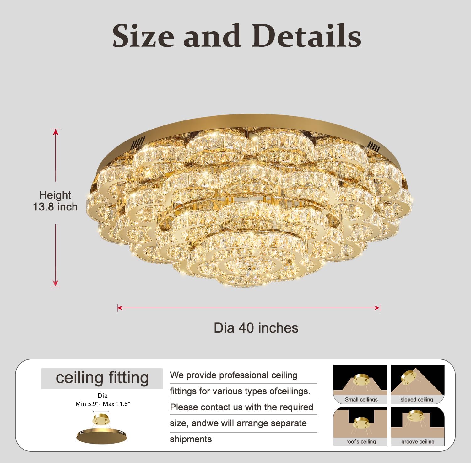 Flashing God W40 Modern Chandeliers for Living Room Flush Mount Crystal Chandelier Bedroom Chandelier Ceiling Light Modern,Gold Ceiling Chandeliers Light Fixture Dimmable LED 2700k 4500k 6000k