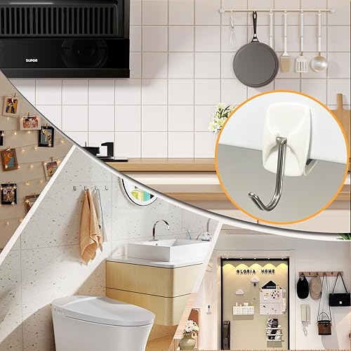 Miniatura 5 de Ganchos pequeños de alambre para pared, 24 ganchos + 26 tiras adhesivas, ganchos de pared colgantes sin daños con tiras adhesivas, ganchos adhesivos