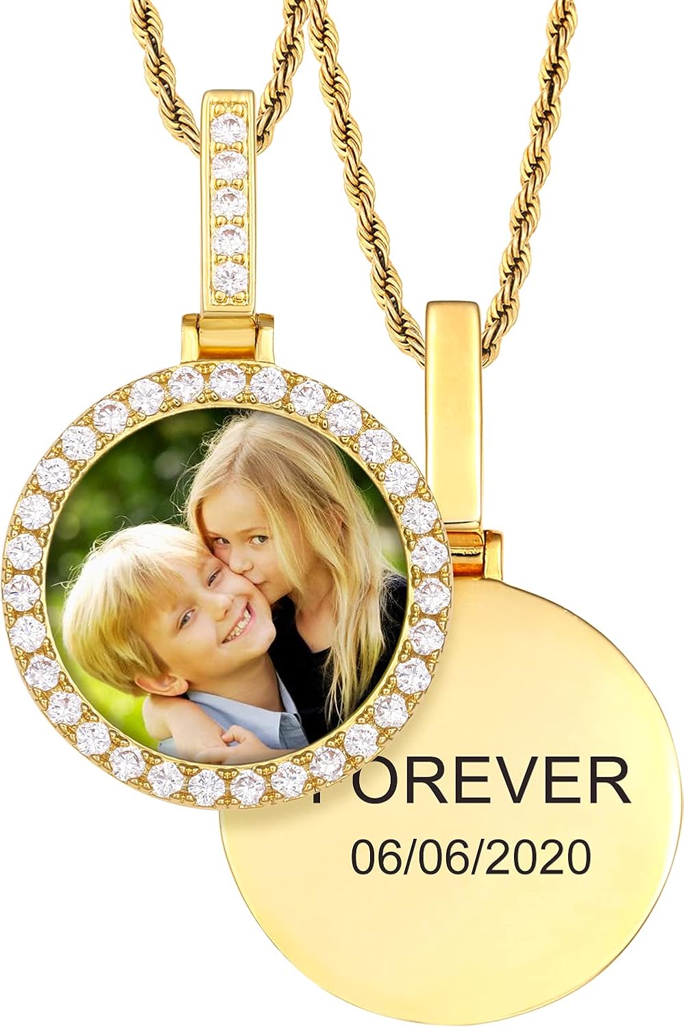 TUHE Personalized Hip Hop Custom Picture & Text Pendant Necklace 18K Gold or Platinum Plated AAA CZ Iced Out Small Round Photo Necklace for Men Women Memory Chain Necklace Customized Rope/Tennis