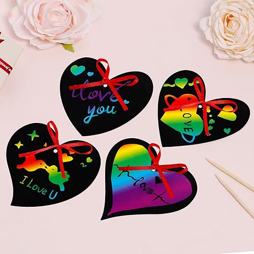 Miniatura 3 de Paquete de 60 tarjetas de regalo para el día de San Valentín para niños, tarjetas de arcoíris con forma de corazón, arte para rascar, manualidades