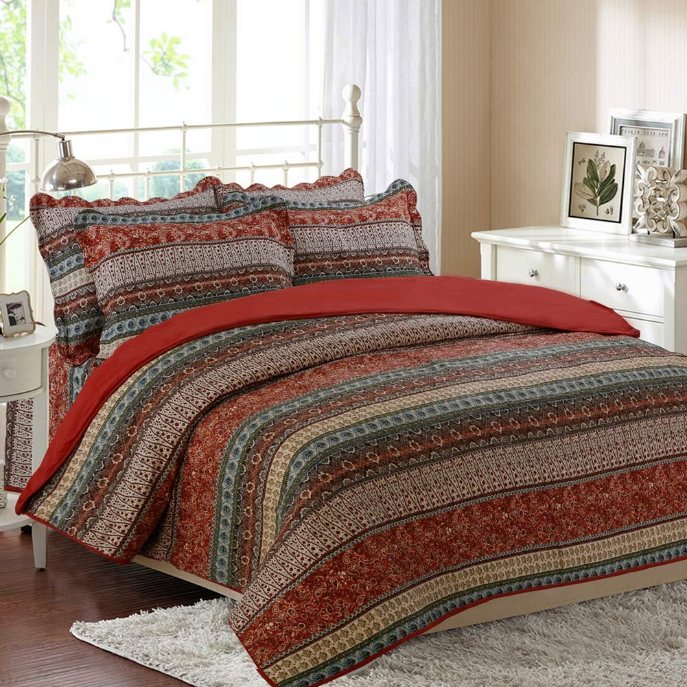 Sjdopulse Red Double Bed Bedspread Set Bohemian Quilted Throw Pillow Shams Striped Boho Patchwork Sofa Throws Blanket Cotton Bed Cover Coverlet Microfibre Home Decoration,3Pcs 91 * 98In