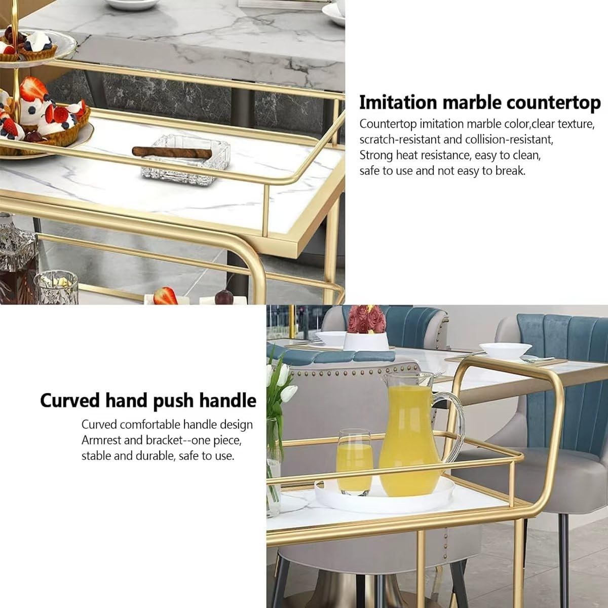 Carrello Bar con parapetto – 3 Ripiani di Servizio su Ruote bloccabili, Bevande Dorate per casa e Feste, Carrello portaoggetti in Legno e Metallo per Cucina