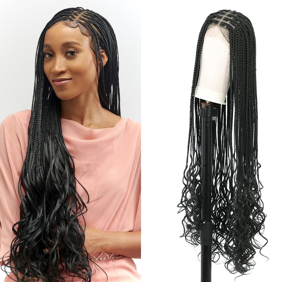 WOW BRAIDS 28″ Full 360 HD Transparent Lace Front Knotless Braided French Curl Wig with Baby Hair and curly tips – Synthetic hand-made box braids wig for black women WOW BRAIDS 28″ Full 360 HD Transparent Lace Front Knotless Braided French Curl Wig with Baby Hair and curly tips – Synthetic hand-made box braids wig for black women