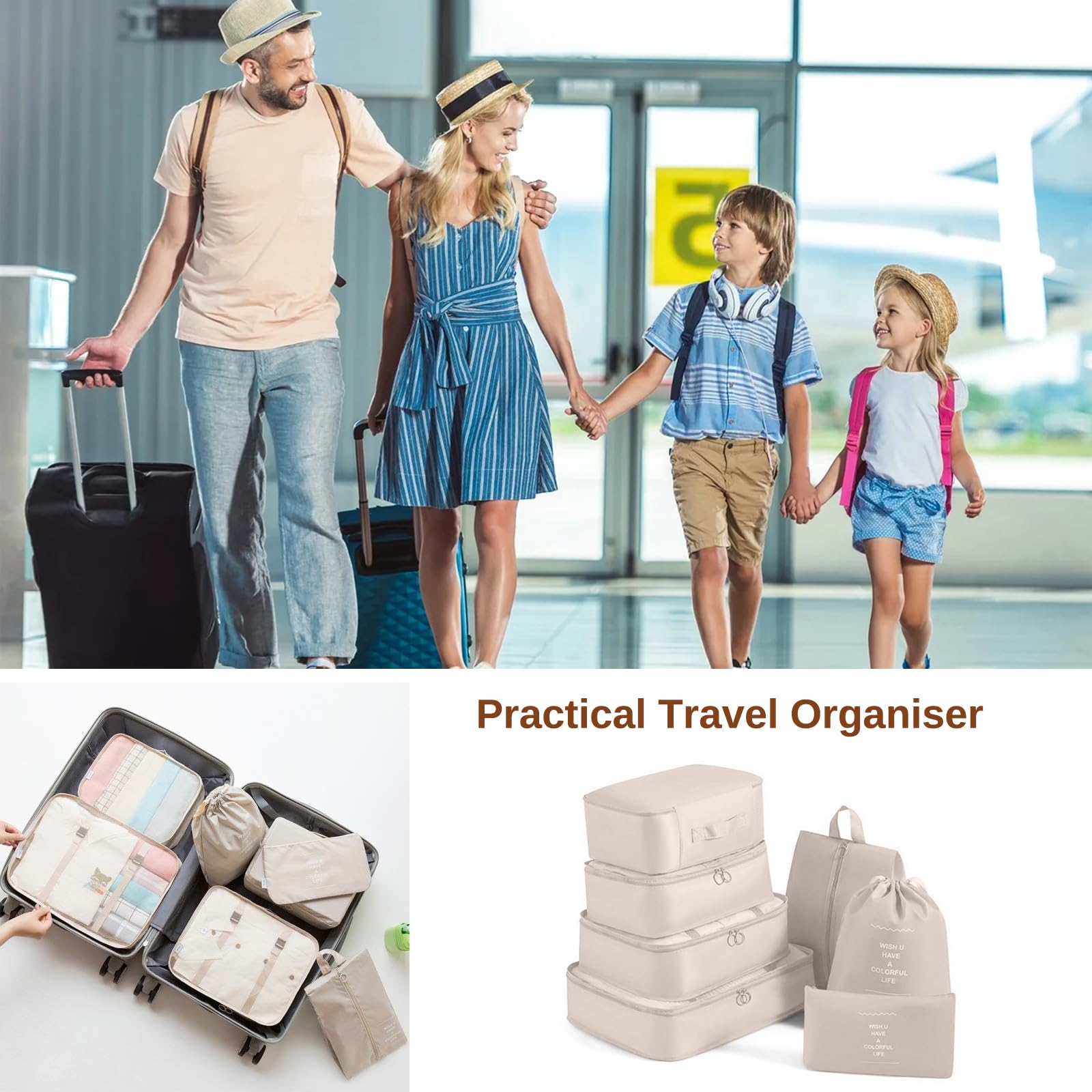 Set Organizzatore Valigia 7 Pezzi Impermeabile - Cubi, Borsa Scarpe, Biancheria, Leggero, Beige - Foto 3