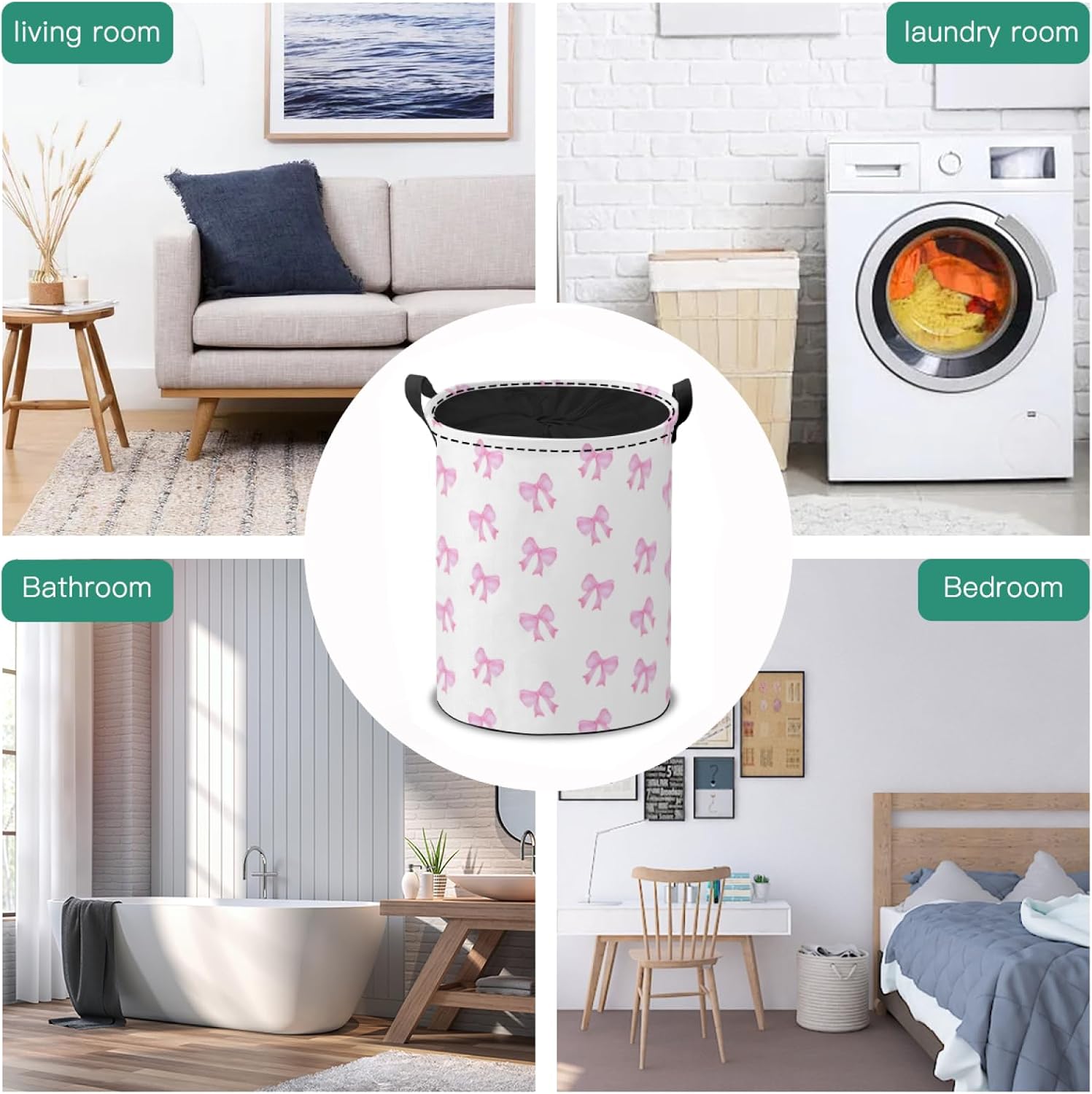 Pink Bow Laundry Hamper Basket,Cute Ribbon Bow Collapsible Portable Laundry Bag, Baby Girl Hamper, Storage Bins Toys Storage Gifts Basket, Bedroom Home Nursery Decor for Baby Girl Women image 5