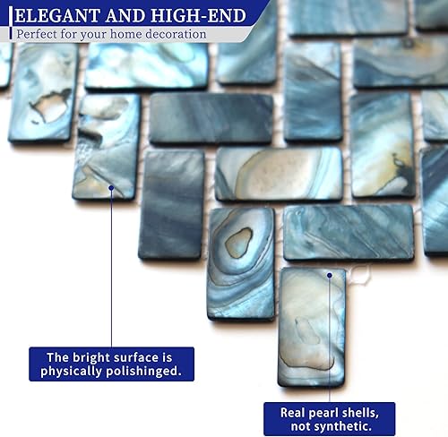 Miniatura 9 de MOP Azulejo de mosaico de metro de nácar para despegar y pegar, para sala de estar, fondo de pared y cocina, 12 x 12 pulgadas, azul oscuro, 1 hoja