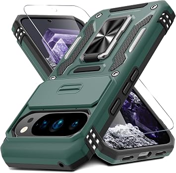 DEERLAMN Case for Google Pixel 10 Pro XL with Slide Camera Cover+Screen Protector1 Pack, Rotated Ring Kickstand Military Grade Shockproof Protective Cover-Green