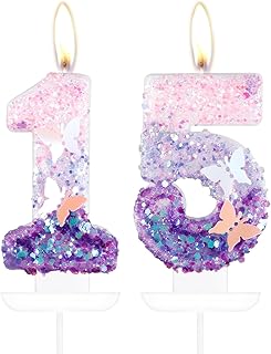 Birthday Number 15 Candle,Butterfly 15th Birthday Party Decorations for Women/Girl,Purple Birthday Candle,2.75" Large Glitter Birthday Candles Wedding Cake Topper Anniversary Party Decor