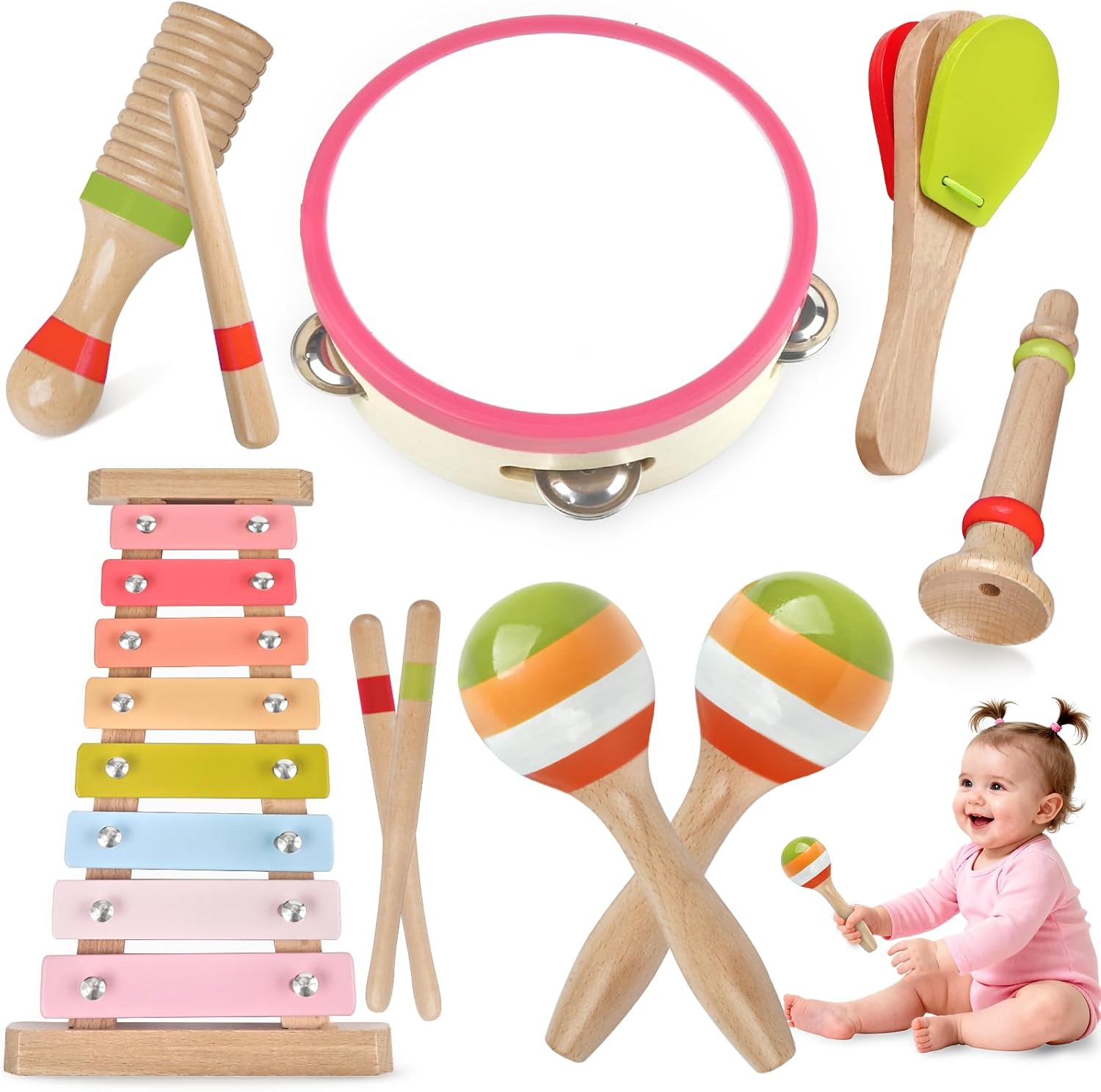 Baby Musical Instruments-Montessori Wooden Toys for Toddlers 1-3,Neutral Colors Percussion Instruments Set with Modern Boho Xylophone for Kids Preschool Educational 3+