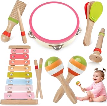 Baby Musical Instruments for Girls-Montessori Wooden Toys for Toddlers 1-3,Percussion Instruments Set with Xylophone Preschool Educational 3+ Christmas Birthday Gift for 1 2 3 Year Girl Pink