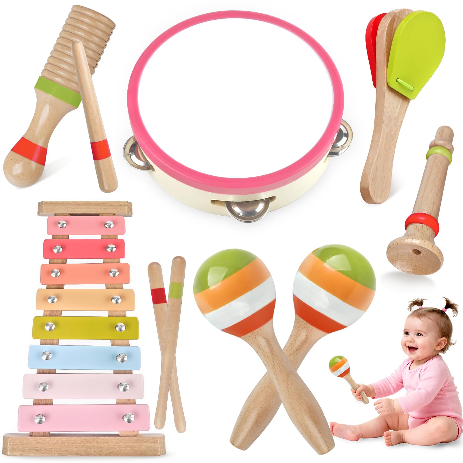 Baby Musical Instruments for Girls-Montessori Wooden Toys for Toddlers 1-3,Percussion Instruments Set with Xylophone Preschool Educational 3+ Christmas Birthday Gift for 1 2 3 Year Girls
