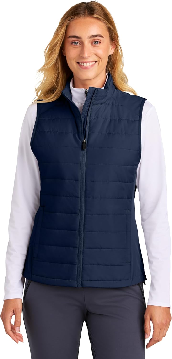 SPORT-TEK Women's Teknical Hybrid Vest | Lightweight Insulated Zip Up Vest, Water Repellent, Adjustable Hem, Zip Pockets