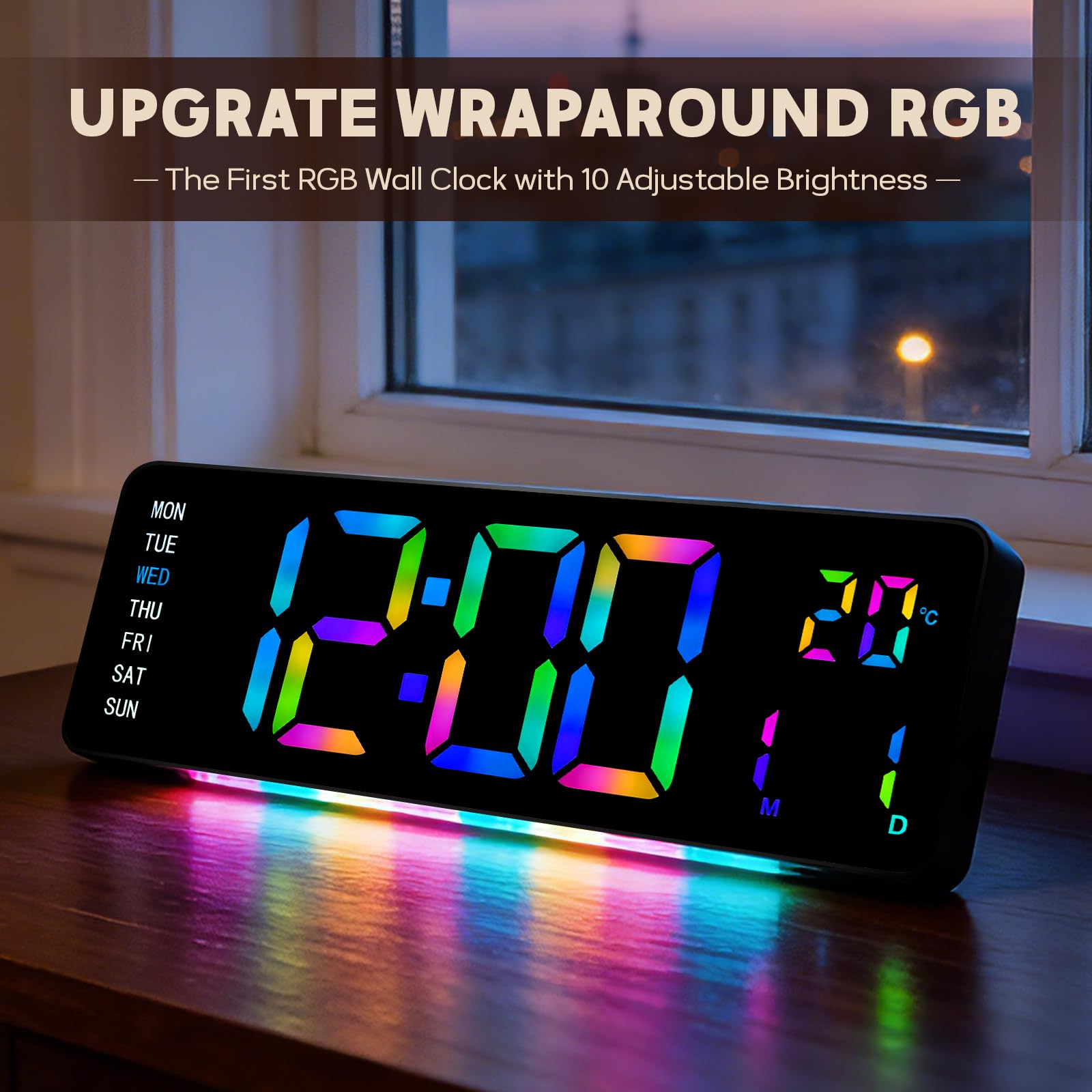 AuraSync Horloge murale numérique avec affichage LED arc-en-ciel, jour de la semaine, température, format 12/24 heures