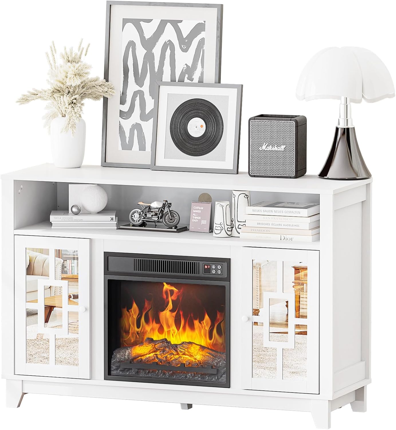 VINGLI Fireplace TV Stand for 60 Inch TV - Modern Entertainment Center with Glass Door Storage Cabinet, Media Entertainment Center Console Table with 18'' Electric Fireplace, White - Image 9