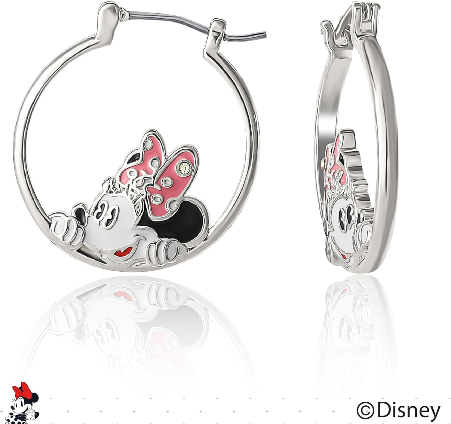 Minnie Mouse Earrings for Women Official License - Silver Flash-Plated Brass Minnie Head Hoop Earrings with Crystal Accent - Image 5
