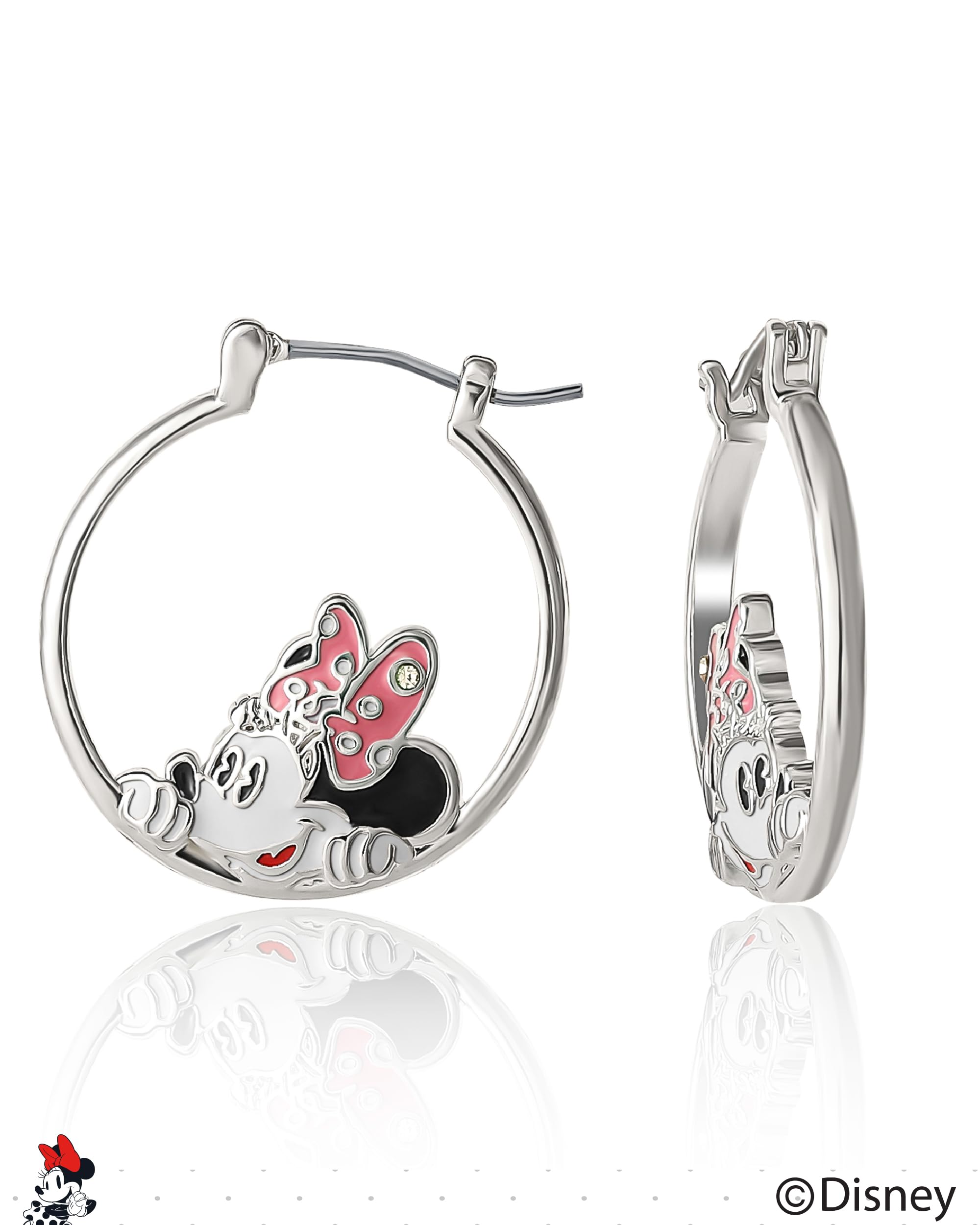 Minnie Mouse Earrings for Women Official License - Silver Flash-Plated Brass Minnie Head Hoop Earrings with Crystal Accent