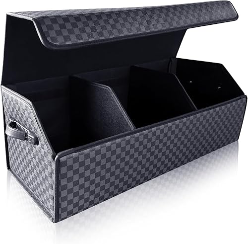 Miniatura 8 de Organizadores de coche para maletero para SUV Sedán, caja de almacenamiento de cuero, tapa magnética, plegable y ajustable, 16.5 pulgadas Negro