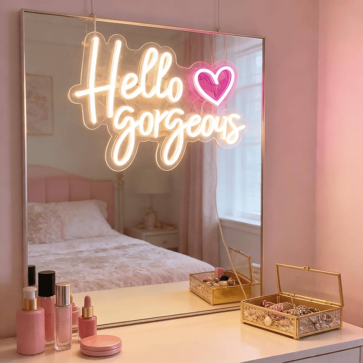 Hello Gorgeous Neon Light for Wall Decor, Pink USB Powered LED Sign with Dimmable Switch, Neon Sign for Home, Wedding, Birthday Backdrop, Party (Warm White)