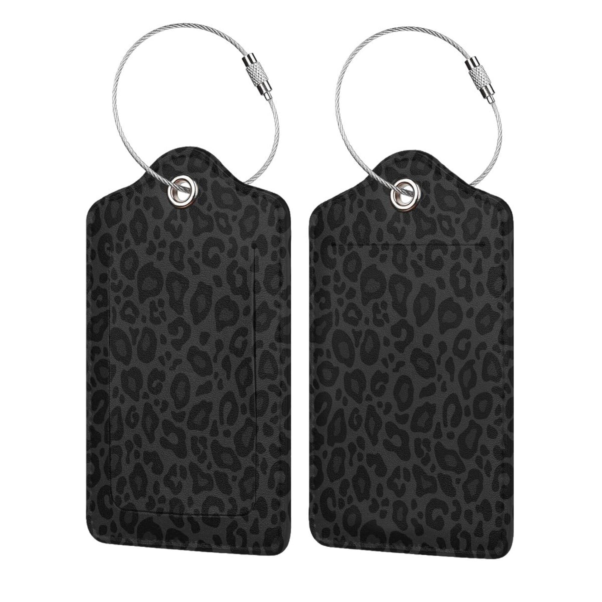 BLOCIT 2 Pack PU Leather Luggage Tags with Privacy Cover Stainless Steel Loop ID Labels for Suitcases Travel Bags (Luxury Black Grey Leopard)