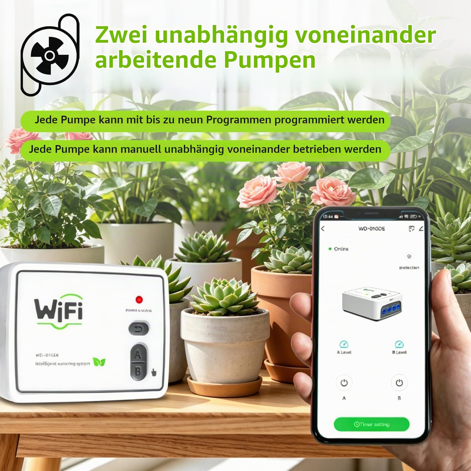 WLAN Automatisches Bewässerungssystem für Zimmerpflanzen, Smart Dual-Pumpen Tropfbewässerungssystem mit APP-Steuerung, Einstellbare Tröpfchenbewässerung Set für Balkon & Garten, Urlaubsbewässerung